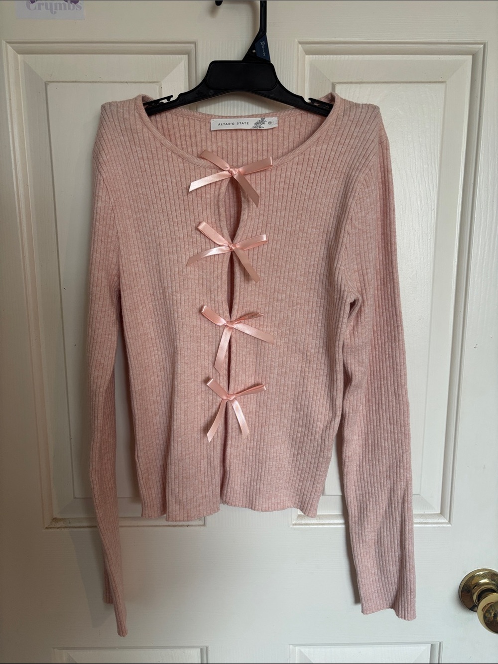 Altar'd State Blush Pink Ribbed Bow-Front Long Sleeve Top